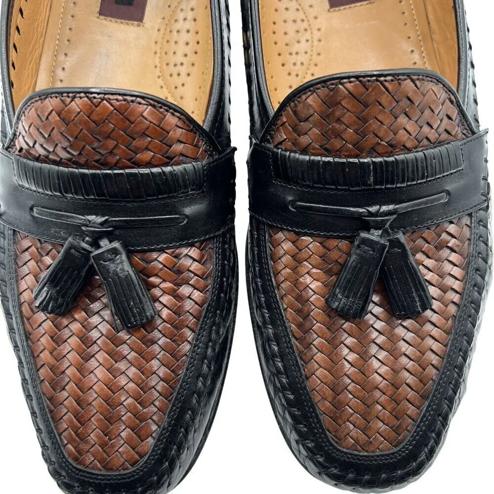 Florsheim Mens 11.5 D Bowman Black Cognac Leather Tassel Weave Loafers Timeless